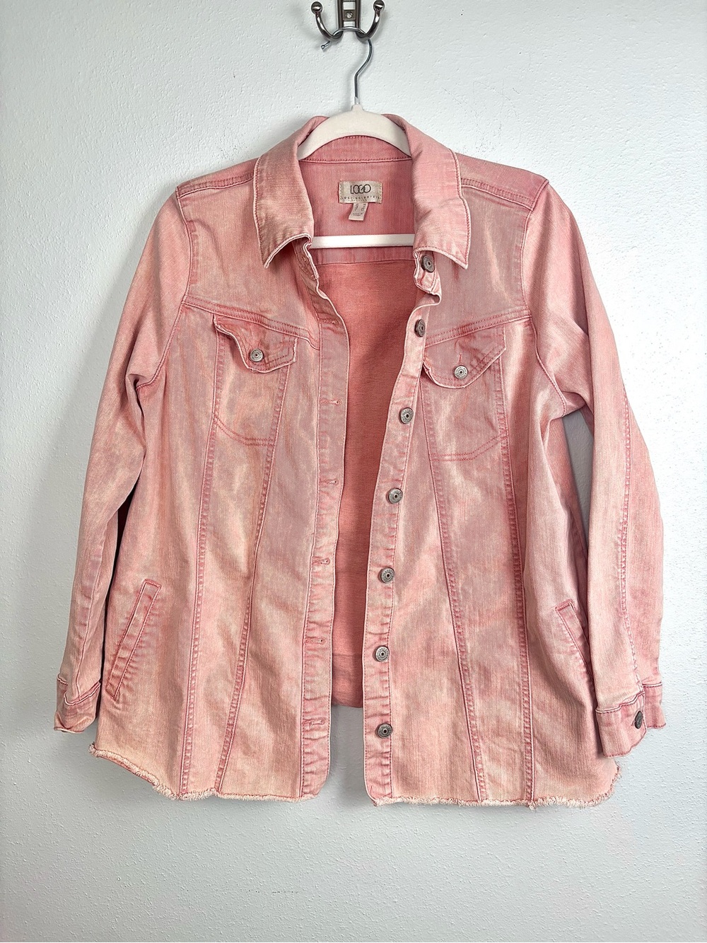 Logo by Lori Goldstein Pink/Rose Jean Jacket Frayed Hem Light Stretch, Size 14